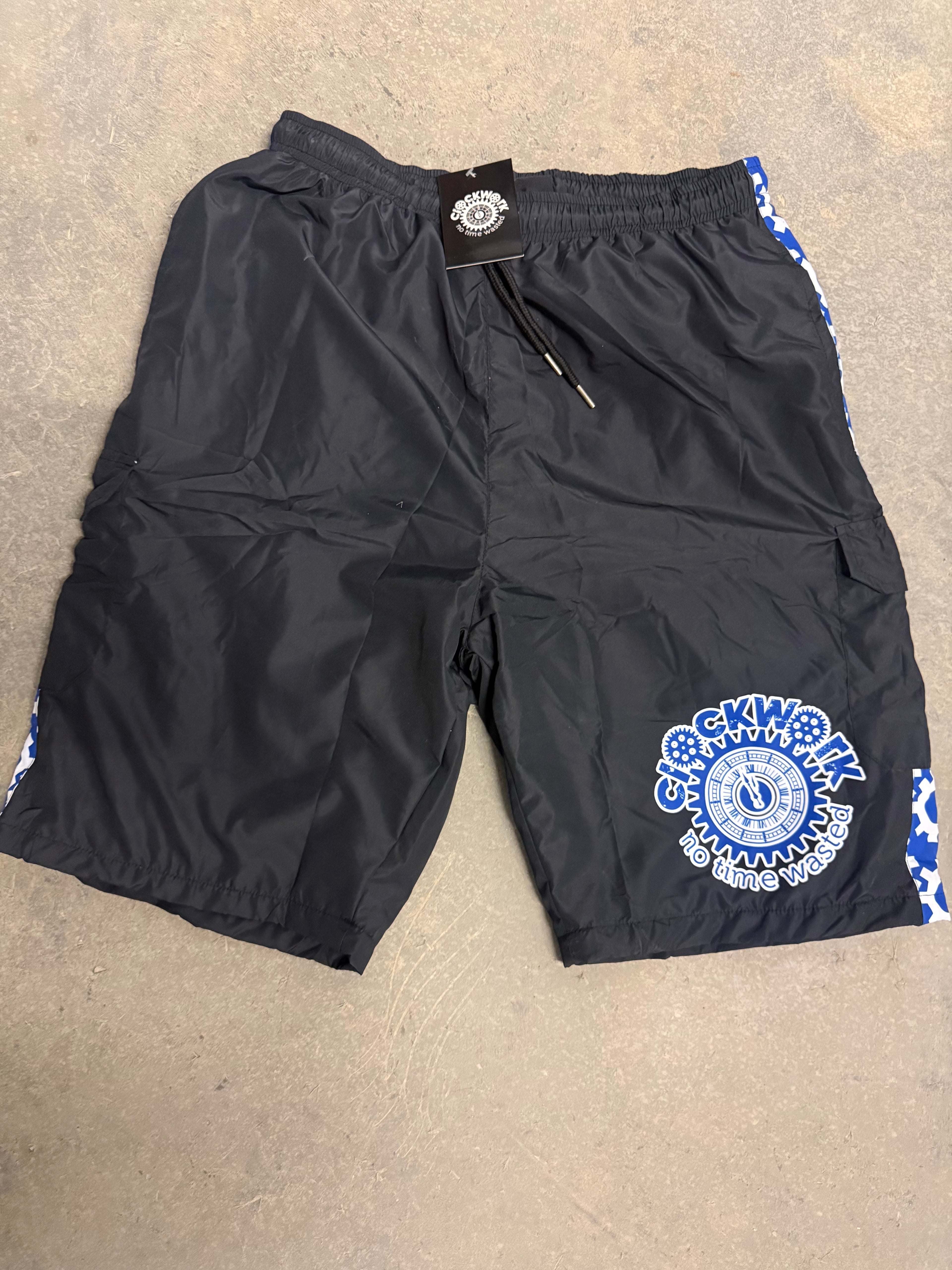 Black royal blue and white clockwork shorts