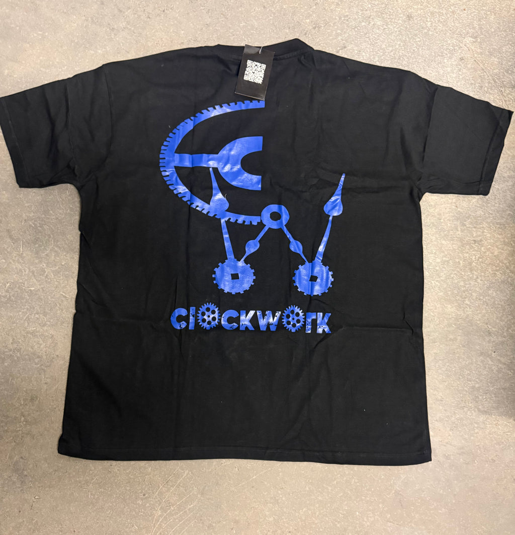 Clockwork black T-shirt Royal blue logo