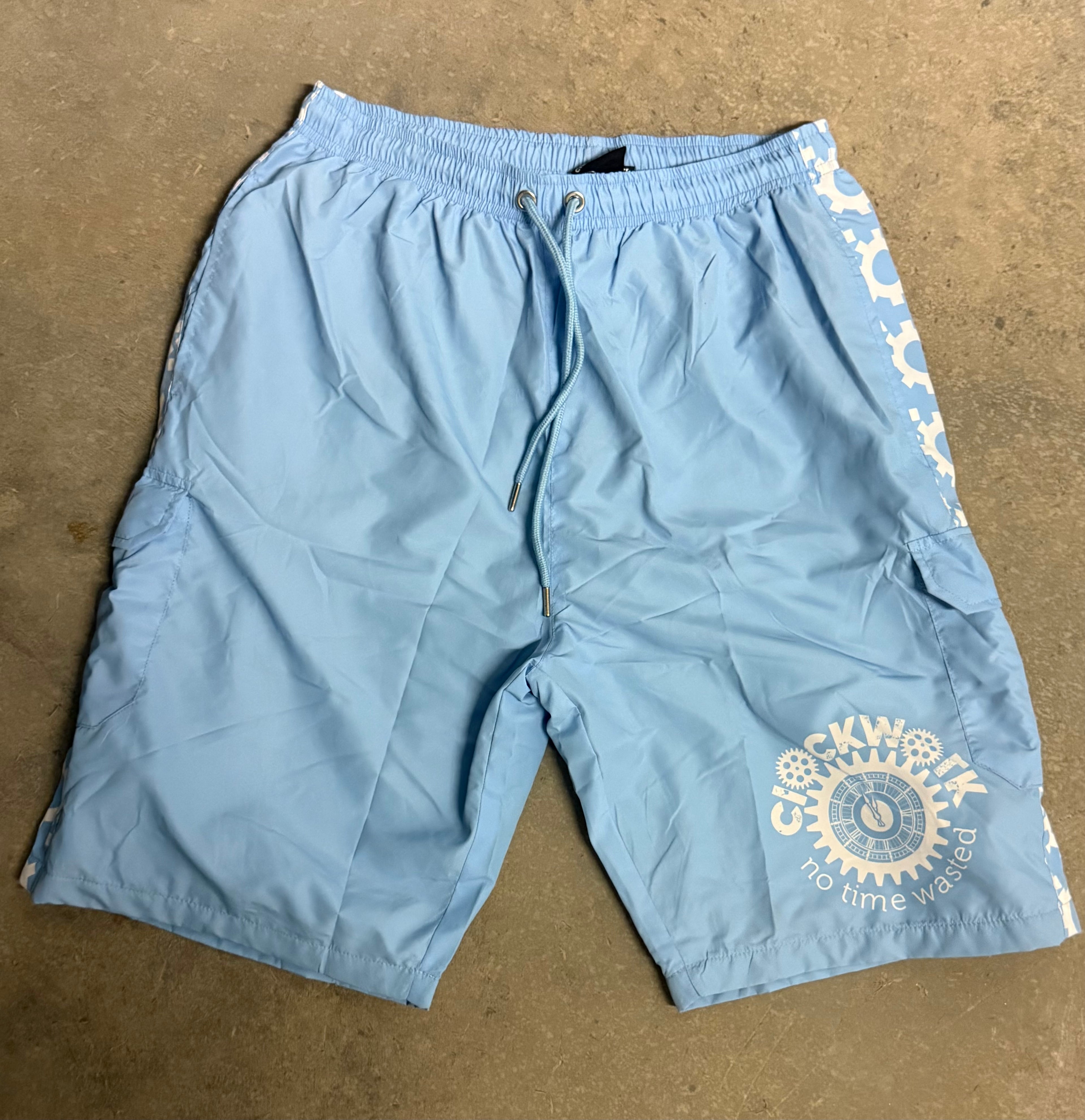 Baby blue and white clockwork shorts