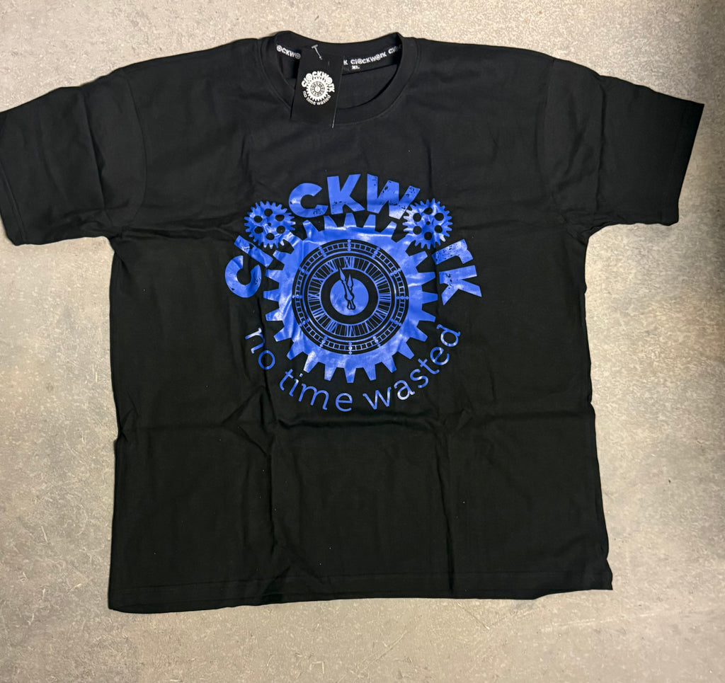 Clockwork black T-shirt Royal blue logo