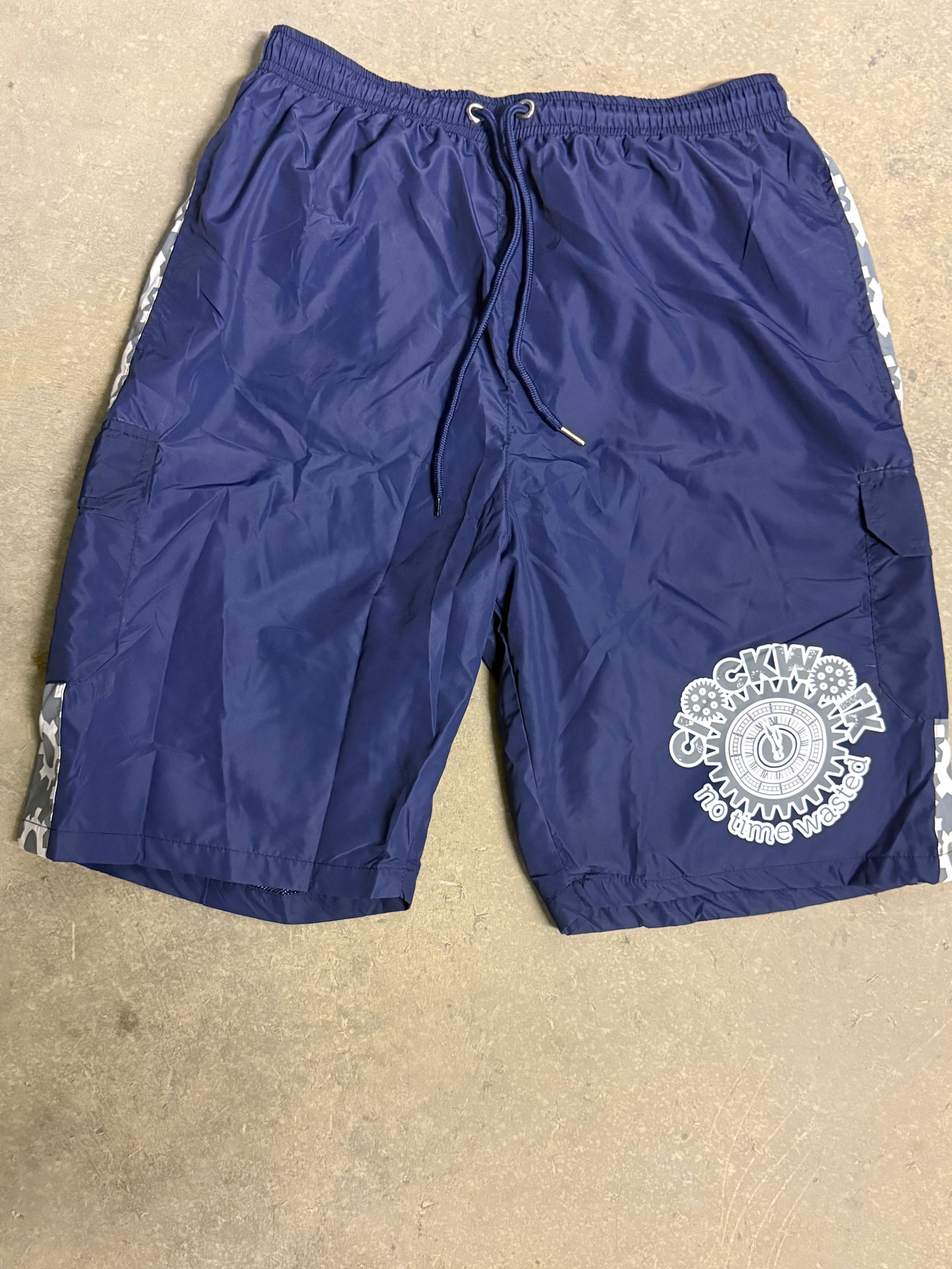 Navy blue, Grey, and white clockwork shorts