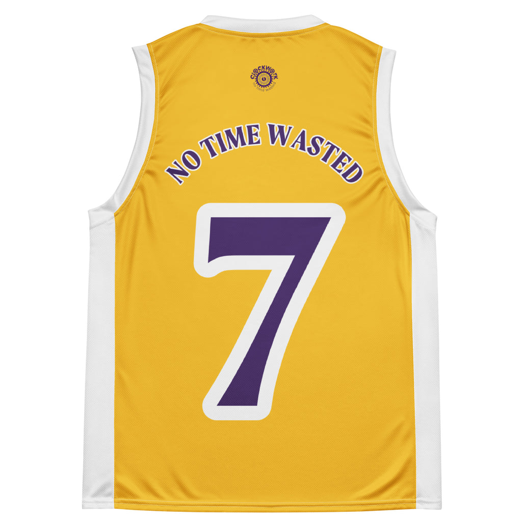 Clockwork purple and gold basketball jersey