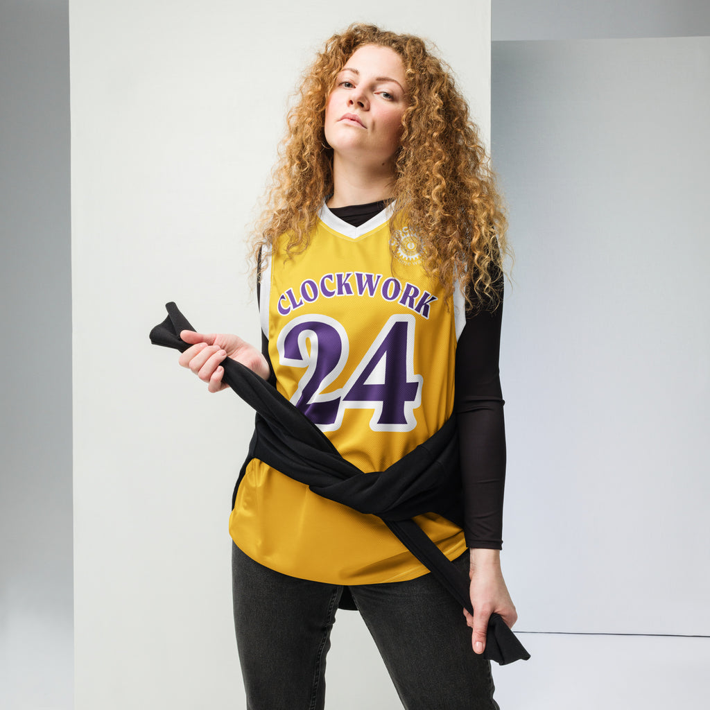 Clockwork purple and gold basketball jersey