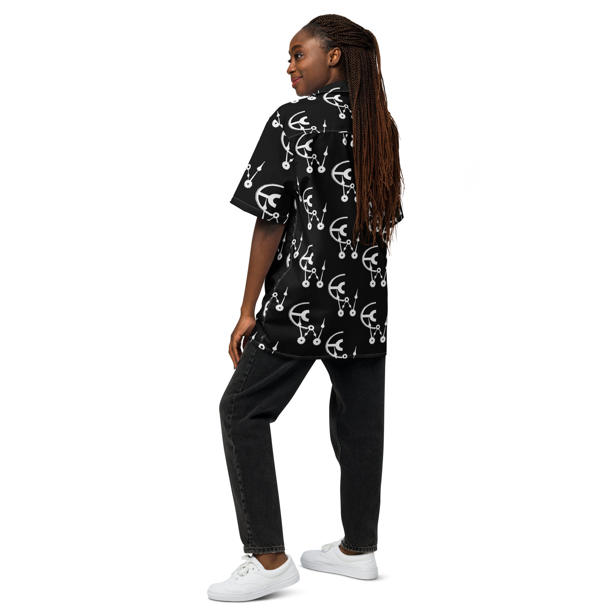 Black and white clockwork cw button shirt