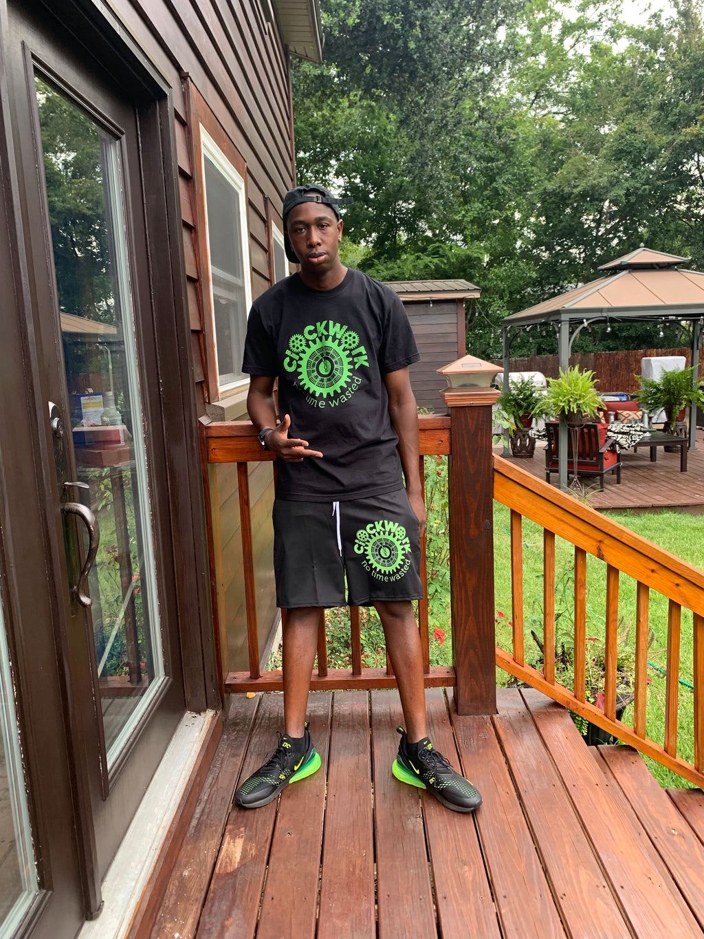 Clockwork Black and lime Logo Men's Athletic Long Shorts