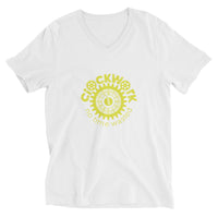 Clockwork Yellow logo white Unisex Short Sleeve V-Neck T-Shirt